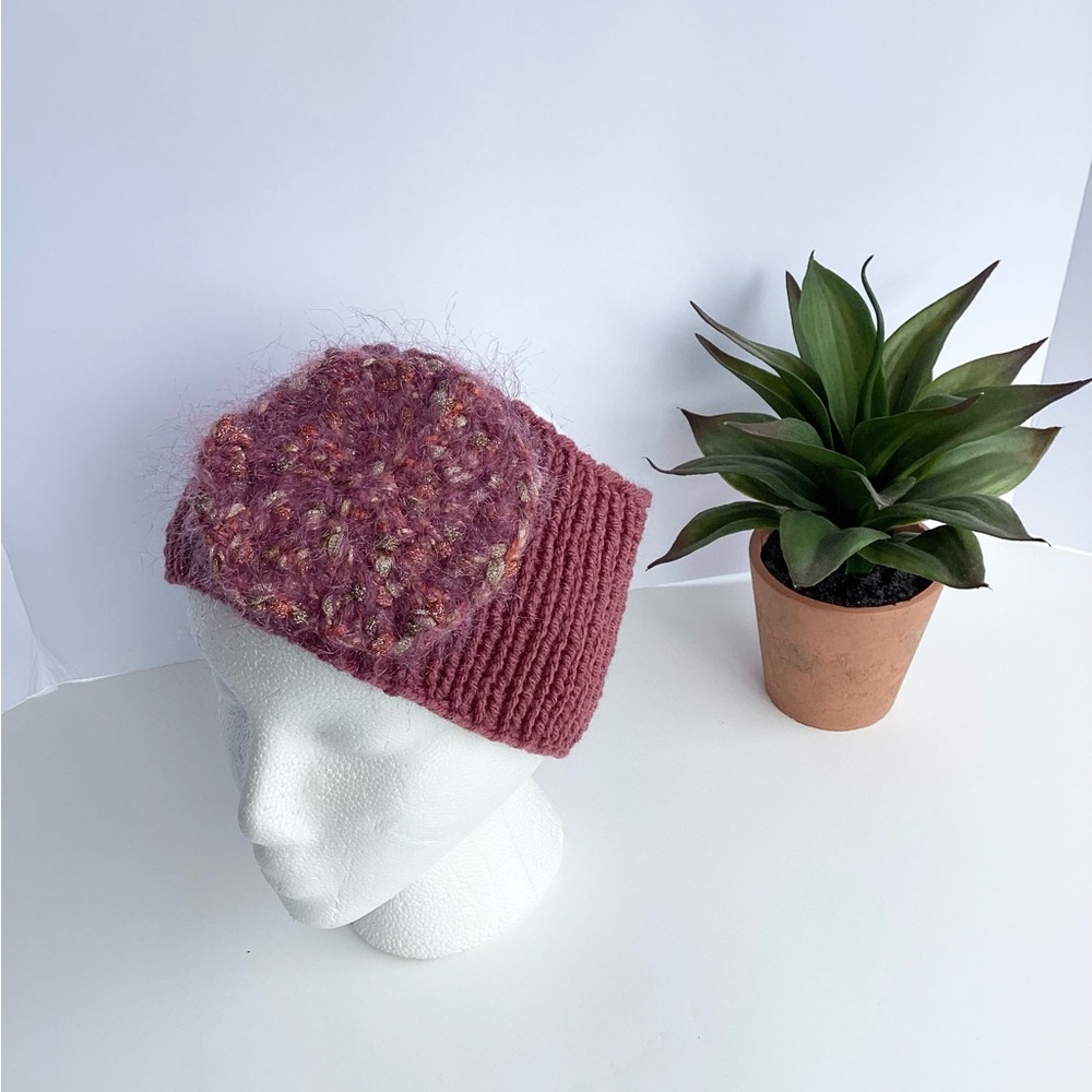Headband Earwarmer Hand Crafted Hat Ponytail Floral Rose Bling Fuzzy - Picture 2 of 14
